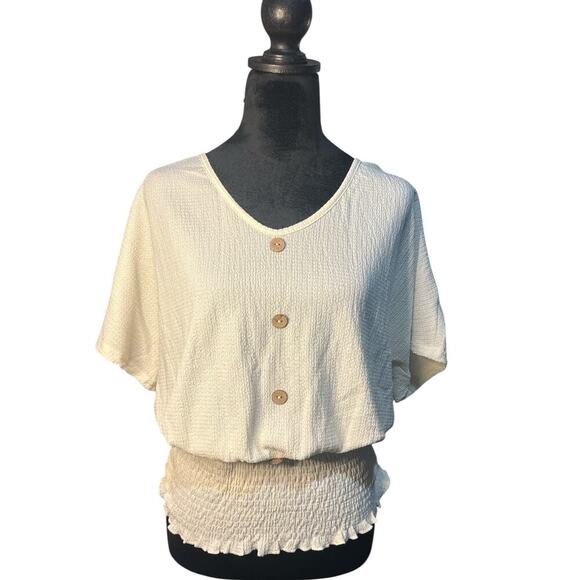 Beige Shirred Waist V-Neck- Top XL-(US 12–14) - Picture 3 of 6